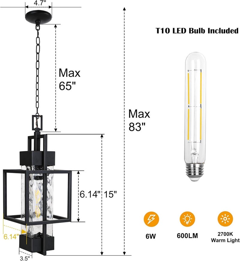 PARTPHONER 15" Outdoor Indoor Pendant Light Exterior Hanging Lantern, Modern Black Metal Outside Chandelier Light Fixture Ceiling Mount with Water Glass for Front Porch Entrance Foyer Entryway (Bulb Included) - Image 2